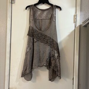 Y2K Whimsigoth Fairy Tunic Top Dress Lace Sequin Asymmetrical Gray Wool Mohair